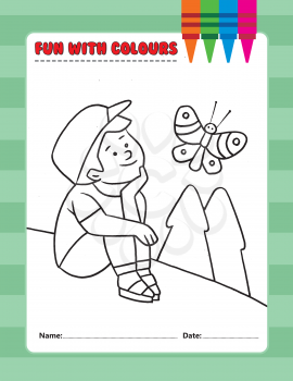 Royalty Free Clipart Image of a Boy Looking at a Butterfly