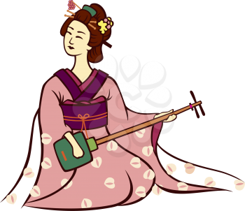 Royalty Free Clipart Image of a Geisha Playing a Sitar