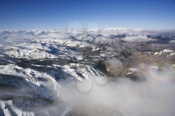 Aerial of snow covered Sweetwater mountain range in California, USA.
