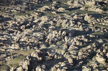 Aerial of rocky terrain in Alabama Hills, California, USA.