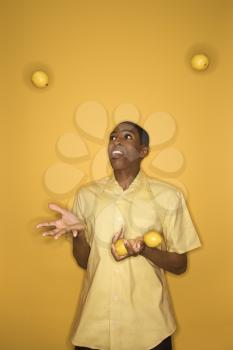 Young African-American man juggling lemons on yellow background.