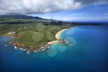 Royalty Free Photo of an Aerial View of a Crater on Maui, Hawaii Coast With Beach