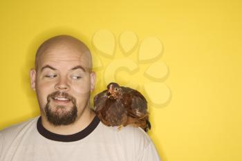 Royalty Free Photo of a Man Looking at a Golden Laced Wyandotte Chicken on His Shoulder