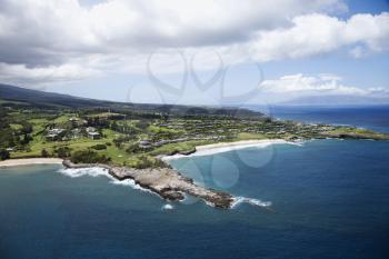Royalty Free Photo of an Aerial View of Buildings on the Coastline of Maui, Hawaii