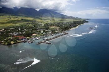 Royalty Free Photo of an Aerial View of Buildings and a Marina on a Coastline of Maui, Hawaii