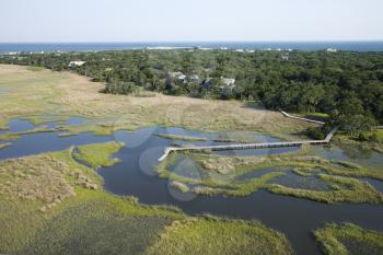Royalty Free Photo of an Aerial View of a Coastal Residential Community on Bald Head Island, North Carolina