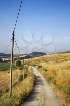 Royalty Free Photo of Telephone Poles Beside a Dirt Road Leading Through Rolling Hills in the Countryside of Tuscany, Italy