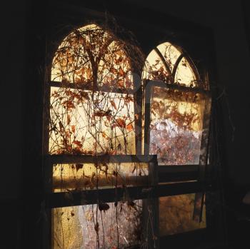 Royalty Free Photo of Sunlight Glowing Through Dilapidated Arched Windows