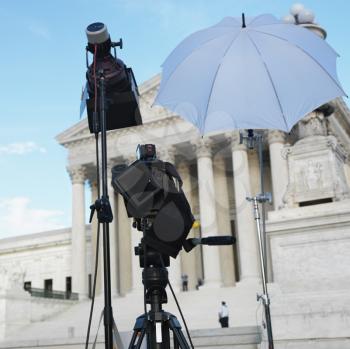 Royalty Free Photo of a TV Production Set With Equipment in Front of Supreme Court Building in Washington DC, USA