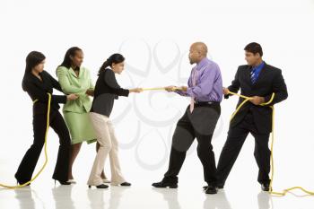 Royalty Free Photo of Businessmen Playing Tug of War Against Businesswomen
