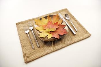 Royalty Free Photo of a Table Setting With Plate of Multicolor Leaves as a Meal