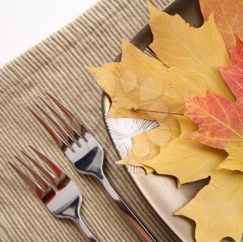 Royalty Free Photo of a Close-up of a Table Setting With Plate of Multicolor Leaves as a Meal