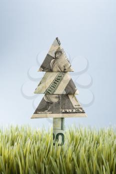 Royalty Free Photo of an Origami Tree Made From a Twenty Dollar Bill Placed in Grass