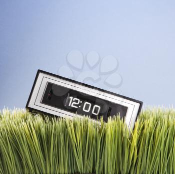 Royalty Free Photo of a Studio Shot of a Retro Alarm Clock Placed in Grass