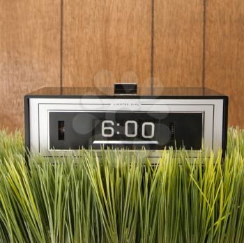 Royalty Free Photo of a Retro Alarm Clock Placed in Grass