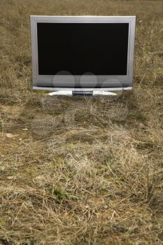 Flat panel television set in grassy field.