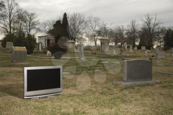 Flat panel television set in cemetary next to headstone.