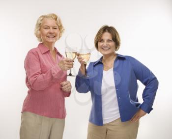 Royalty Free Photo of a Senior Woman and a Middle-aged Woman Toasting Wine Glasses and Smiling