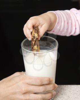 Caucasian girl dipping chocolate chip cookie into glass of milk.