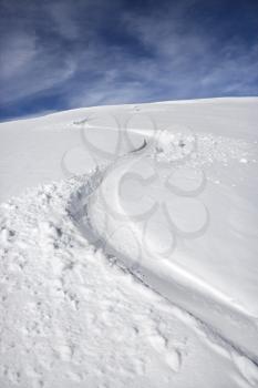 Snowmobile trail in snow.