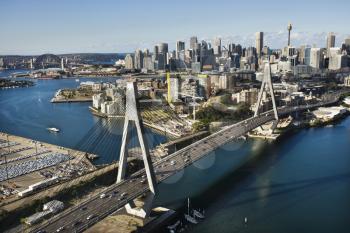 Royalty Free Photo of an Aerial View of Anzac Bridge and Buildings in Sydney, Australia