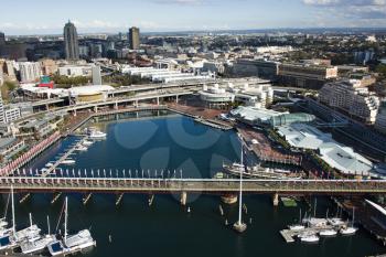 Royalty Free Photo of an Aerial View of Pyrmont Bridge and Boats in Darling Harbour, Sydney, Australia
