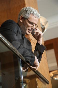 Low angle view of a businessman on his cellphone looking over railing. Vertical shot.