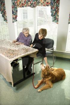Elderly woman does a jigsaw puzzle while a younger woman pets a therapy dog. Vertical shot.
