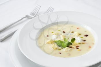 Bowl of gourmet soup elegantly displayed with garnish in restaurant. Horizontal shot.