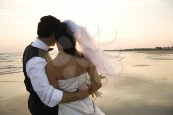 Rear view of a newlywed couple hugging on beach. Horizontal shot.