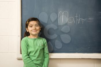 Young female student standing in front of blackboard with 'math' written on it. Horizontally framed shot.