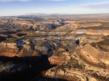 Aerial view of a mountainous desert landscape. Horizontal shot.