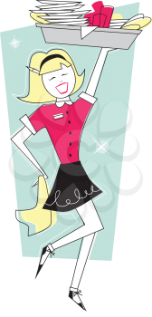 Royalty Free Clipart Image of a Girl With a Tray of Dirty Dishes