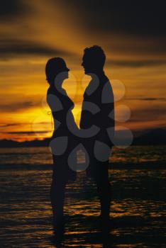 Royalty Free Photo of a Silhouetted Couple Holding Hands on the Beach at Sunset