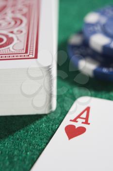 Royalty Free Photo of a Deck of Cards With the Ace of Hearts Up