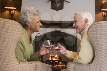 Royalty Free Photo of a Couple Having Drinks by the Fire