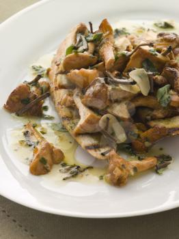 Royalty Free Photo of Wild Mushrooms Sauteed in Garlic Butter With Char Grilled Baguette and Black Truffle