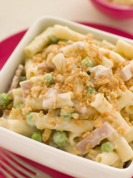 Royalty Free Photo of Macaroni Cheese with Peas, Ham and a Toasted Crumb