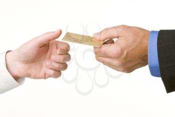 Royalty Free Photo of a Person Passing a Credit Card to Another Person