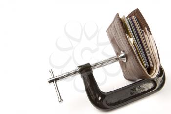 Leather Wallet Being Held In Clamp On White Background
