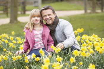 Royalty Free Photo of a Father and Daughter in Daffodils