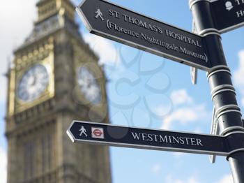 Royalty Free Photo of a Sign Post In Front Of Big Ben, London, England