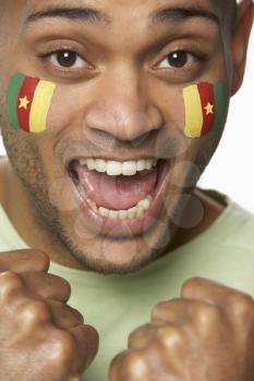 Young Male Sports Fan With Cameroon Flag Painted On Face