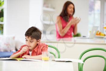 Son Does Homework As Mother uses Laptop In Background
