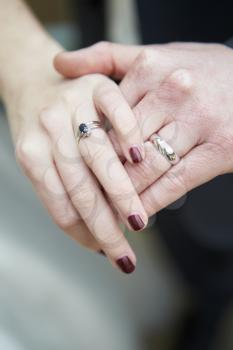 Close Up Of Bride And Groom Wearing Wedding Rings