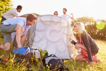 Group Of Young Friends Pitching Tents On Camping Holiday