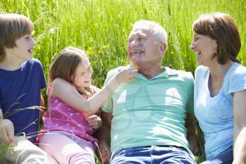 Grandparents With Grandchildren Relaxing In Field Together