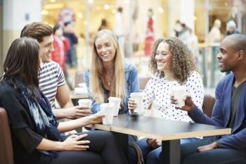 Group Of Friends Meeting In Shopping Mall Caf