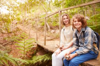Siblings sitting on a wooden bridge playing in a forest