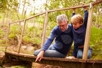 Grandfather playing with grandson on a bridge in a forest